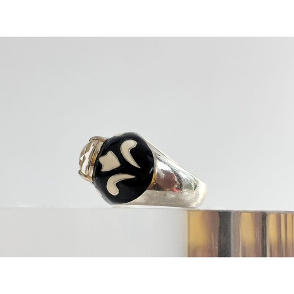 Black & White Enameled Domed Rhinestone Sterling Silver Vintage Ring - sz 5.75 - Picture 3 of 10